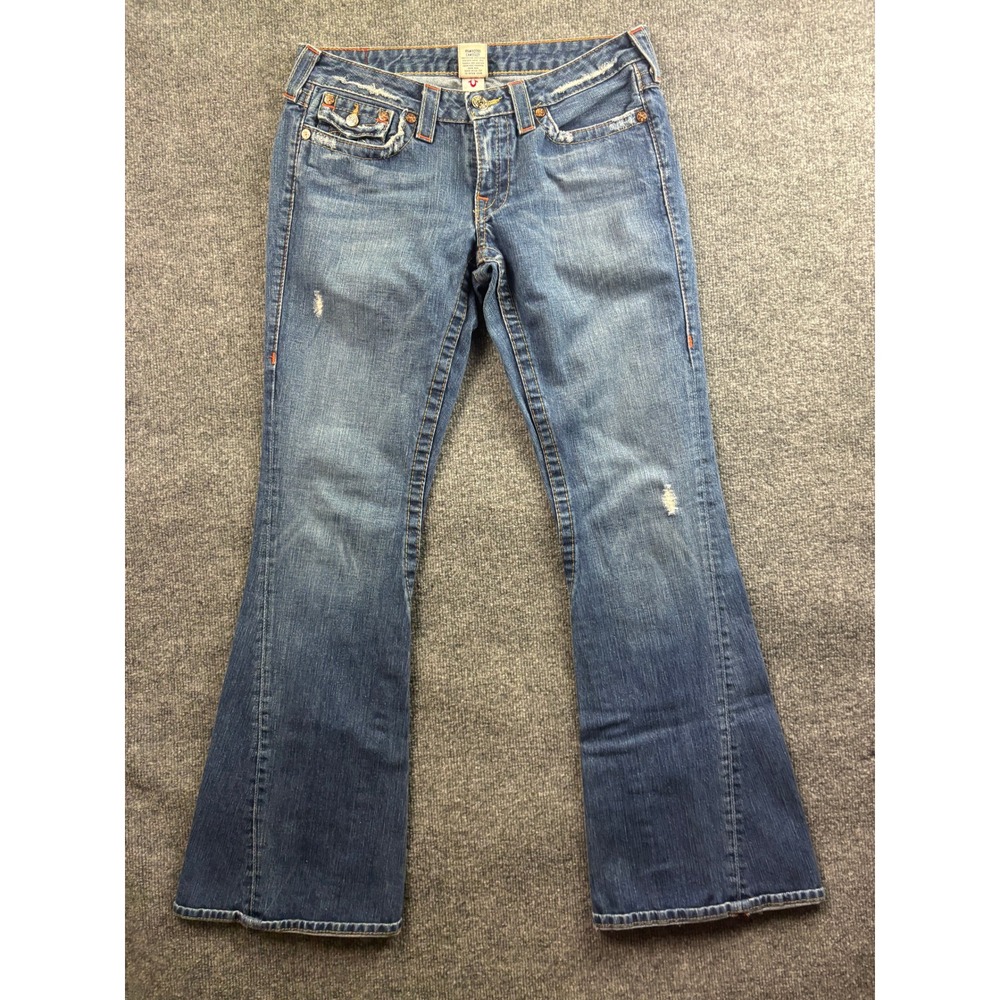 True Religion Joey Jeans Women 30 Blue Flare Low Rise Distressed Twisted Seam